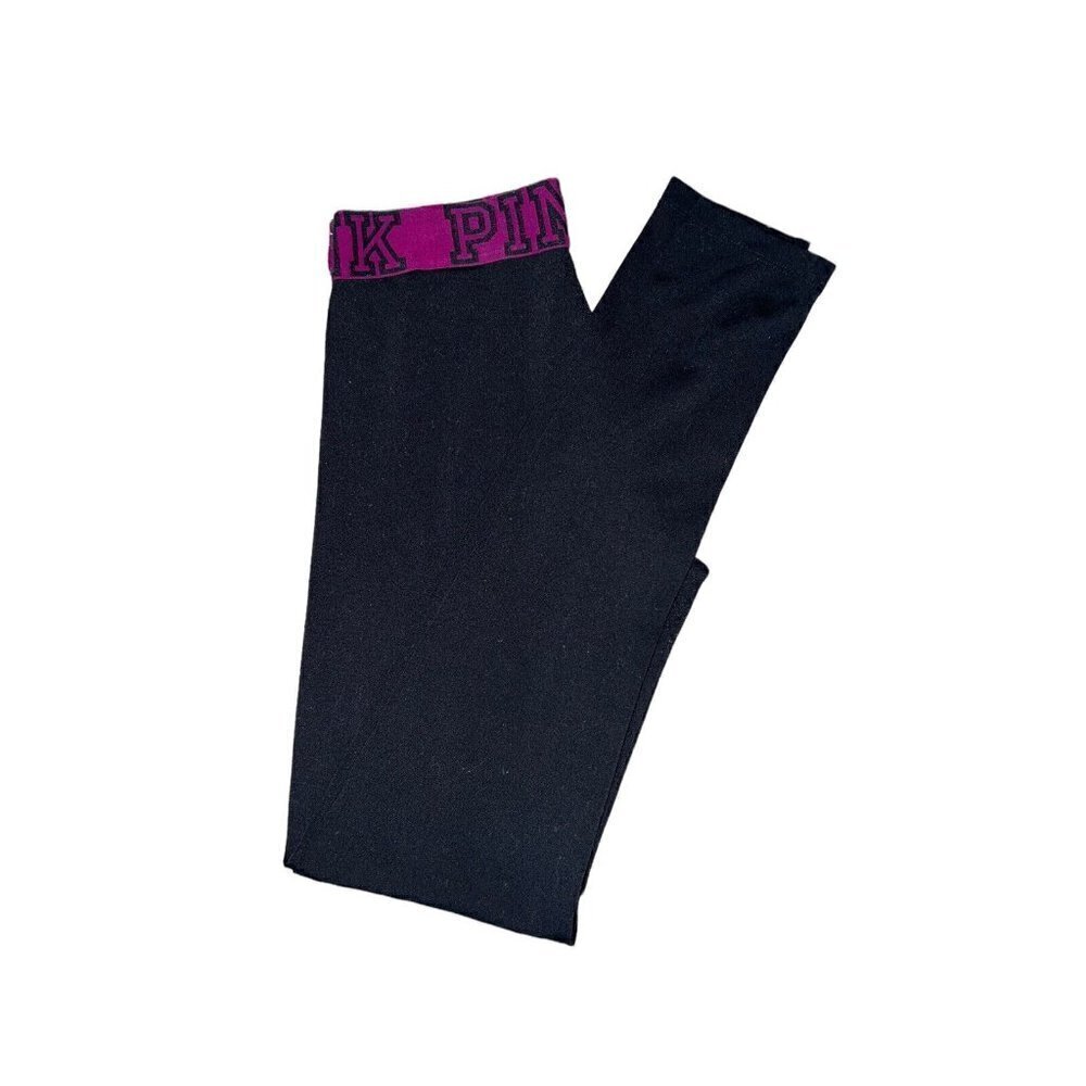 PINK Yoga Black Fuchsia Logo Leggings Active Pants Sz S